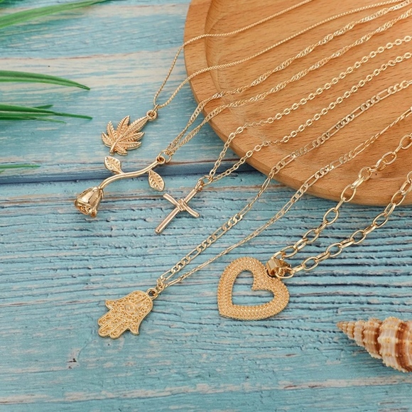 Layered 5 Pendent Heart Rose Cross Gold Necklace - Picture 3 of 8